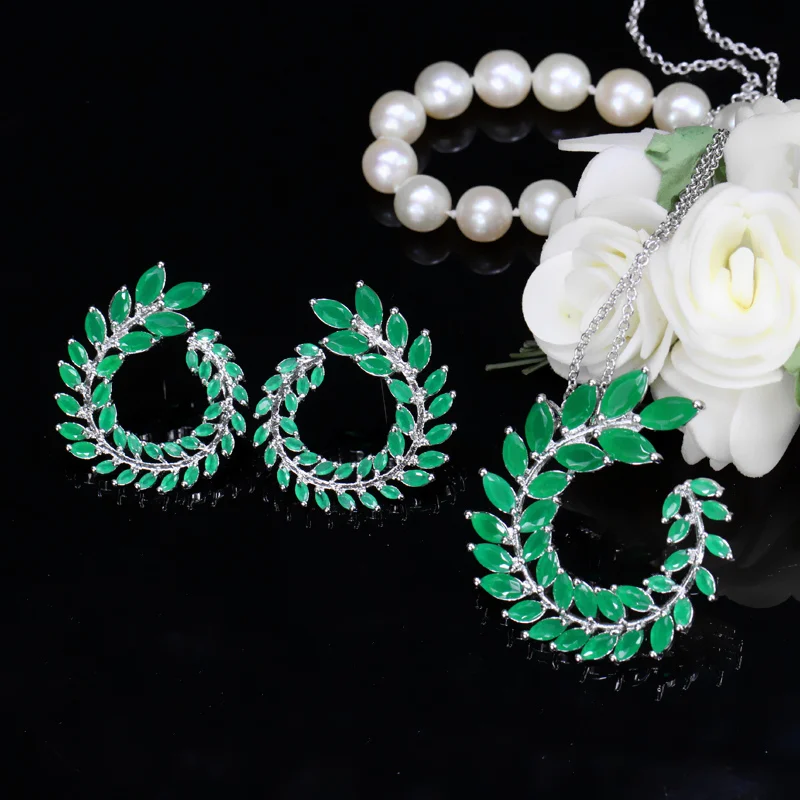 Женские серьги и кулон с зеленым кристаллом серебристого цвета|brand jewelry sets|fashion