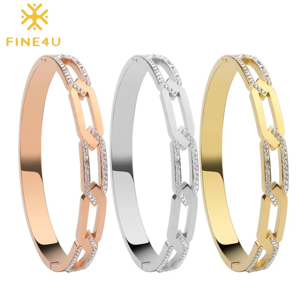 

FINE4U B153 Dropshipping Women Open Cuff Bracelets & Bangles Stainless Steel Luxury Crystal Wristband Wedding Jewelry