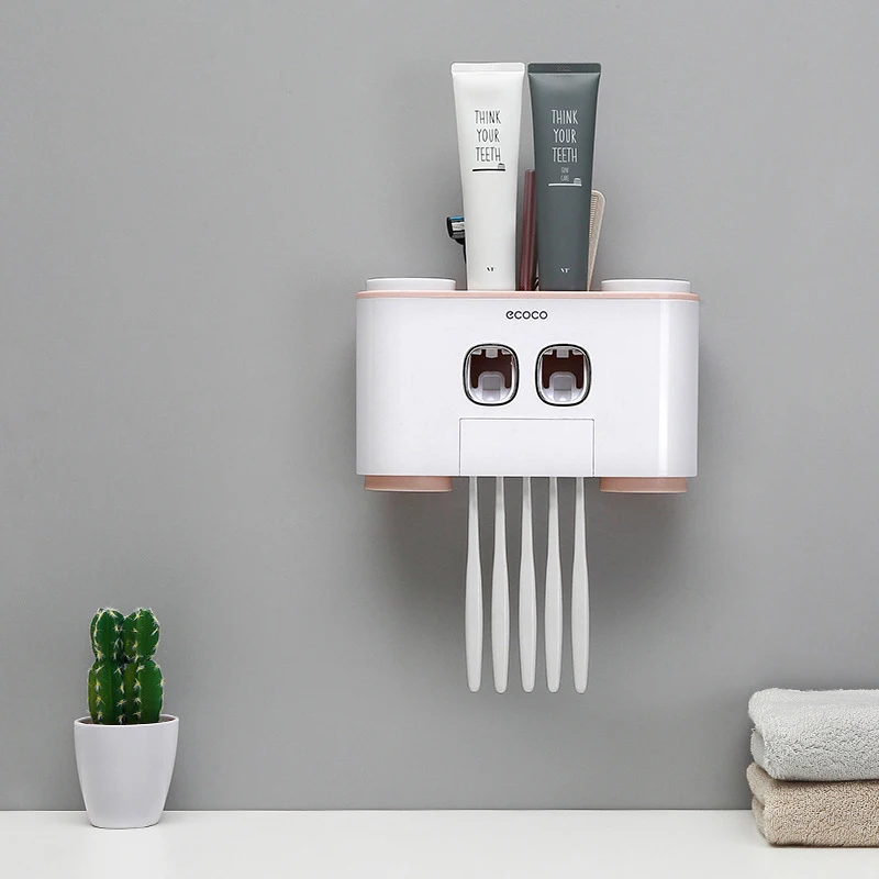 Punch-free Wall Mount Automatic Toothpaste Dispenser 4 Toothbrush Holder Bathroom Washing Sets Squeezer | Дом и сад