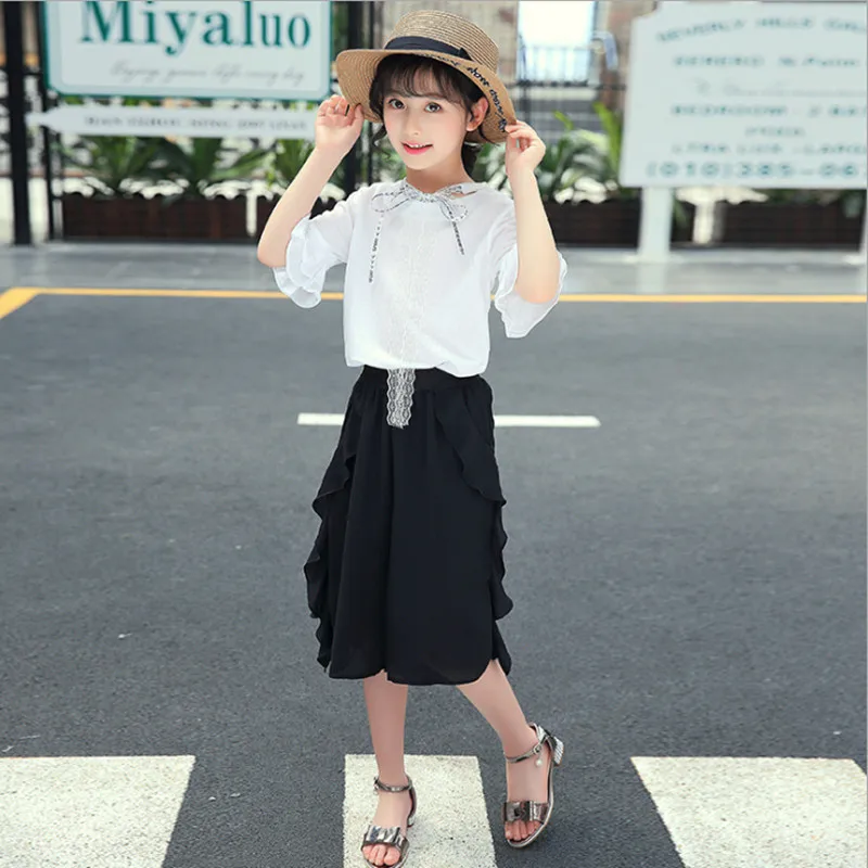 2 шт. детская шифоновая футболка с оборками и брюки средней длины|Комплекты