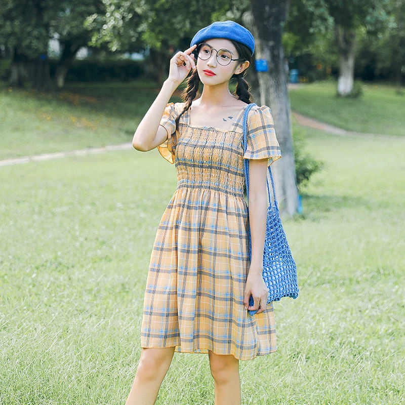Для женщин платья Ins для девочек Kawaii Ulzzang тонкий квадратный воротник короткий