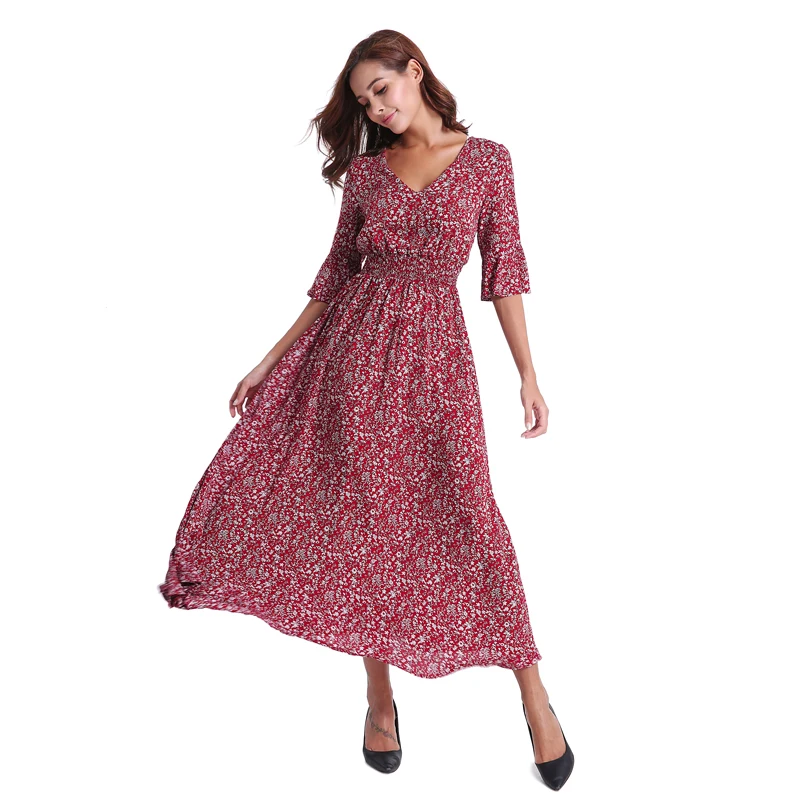 Bohemian Wine Red Floral Print Maxi Dresses V-neck Three Quarter Sleeve Long For Women Beach Clothes | Женская одежда