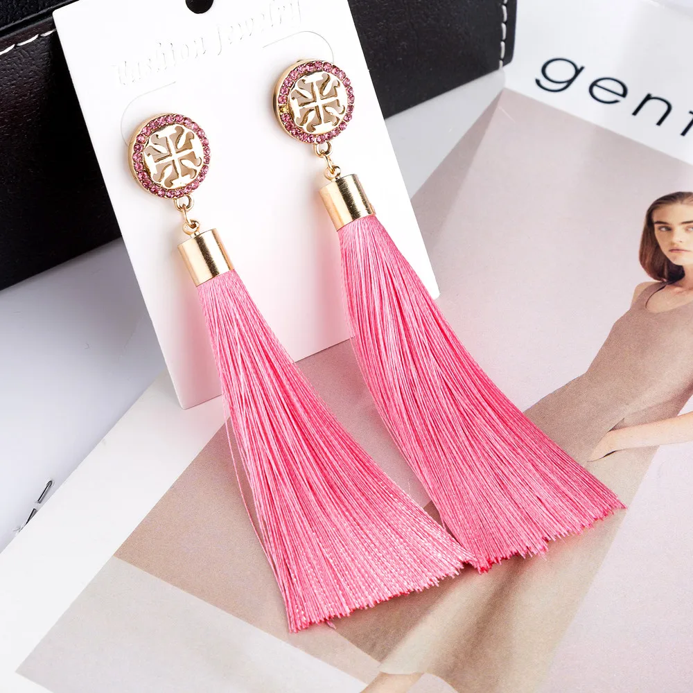 

WNGMNGL New Women Earrings Bohemian Silk Fabric 9 Colors Crystal Long Drop Tassel Earrings For Women 2018 Fashion Jewelry Gift
