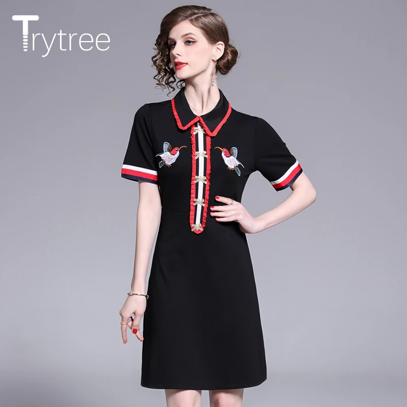 Trytree летнее женское платье повседневное Питер Пэн воротник вышивка птица рубашка платья Вязание Черный офис леди прямое мини платье
