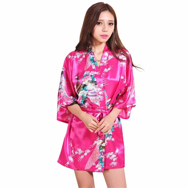 Лидер продаж голубые женские халат кимоно Mujeres Vestido Китай пижама из искусственного шелка, банный халат, ночная рубашка с рисунком павлина Размеры S M L XL XXL XXXL S0035 - Цвет: Hot Pink