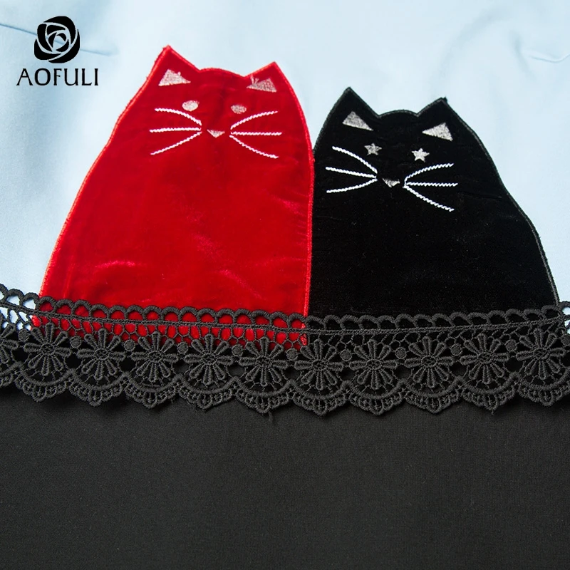 AOFULI L-Xxxl 4xl 5xl с рисунком плюс размер платье длинными рукавами котами лоскутное