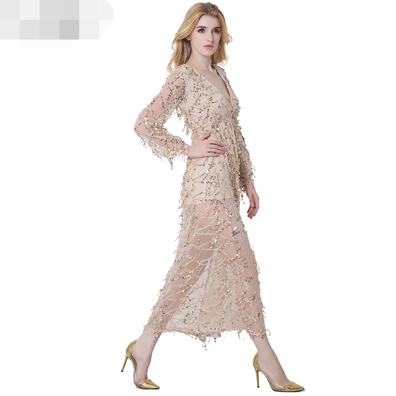 Женское платье с кисточками длинное Сетчатое блестками и треугольным вырезом