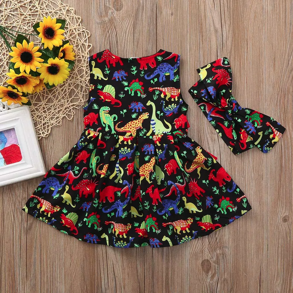 Girls dress Toddler Baby Cartoon Dinosaur Sleeveless Dress+Headband baby girl clothes Outfit vestido infantil Dropshipping | Детская
