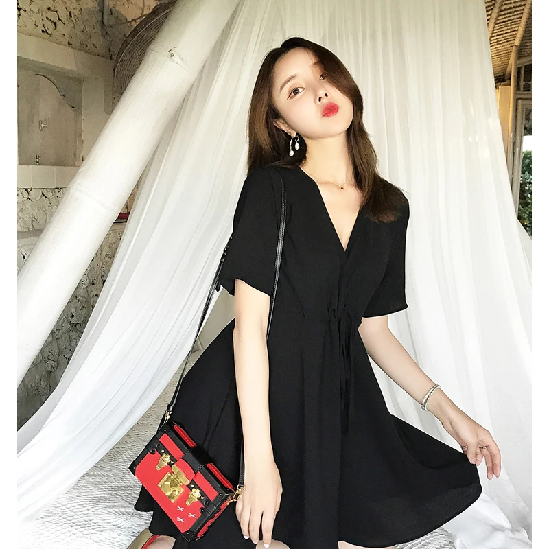 Summer Dress 2018 Korean Ladies Sexy Red Chiffon V-Neck Short Sleeve A-Line Dresses Elegant Vestido Fashion Hot New ZL108 | Женская