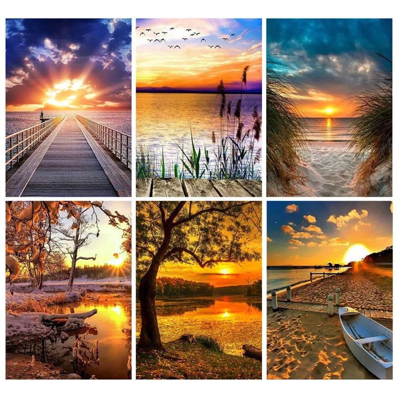 

5D DIY Diamond Drill Round Full Embroidery Lake Sunset Landscape Painting Diamond Cross Stitch Rhinestone Decoration Inlay