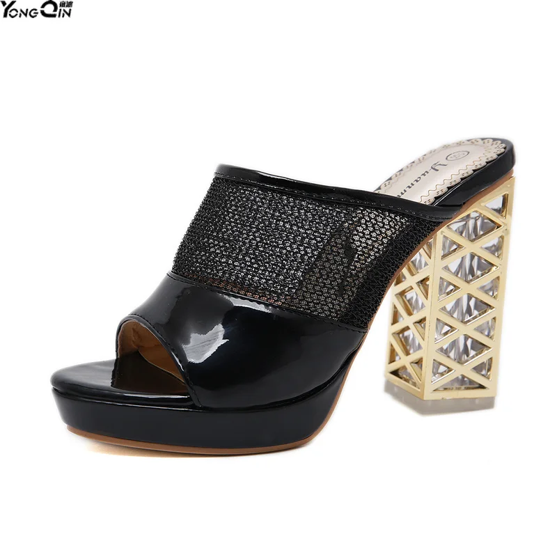 

Spring summer new crystal thick waterproof sandals high heel female women slippers