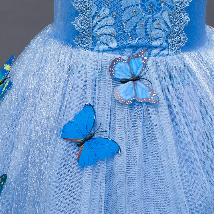 Christmas Girls Dress Long A-line Cute Princess Short Sleeve Blue With Appliques Butterfly Evening Dresses | Детская одежда и