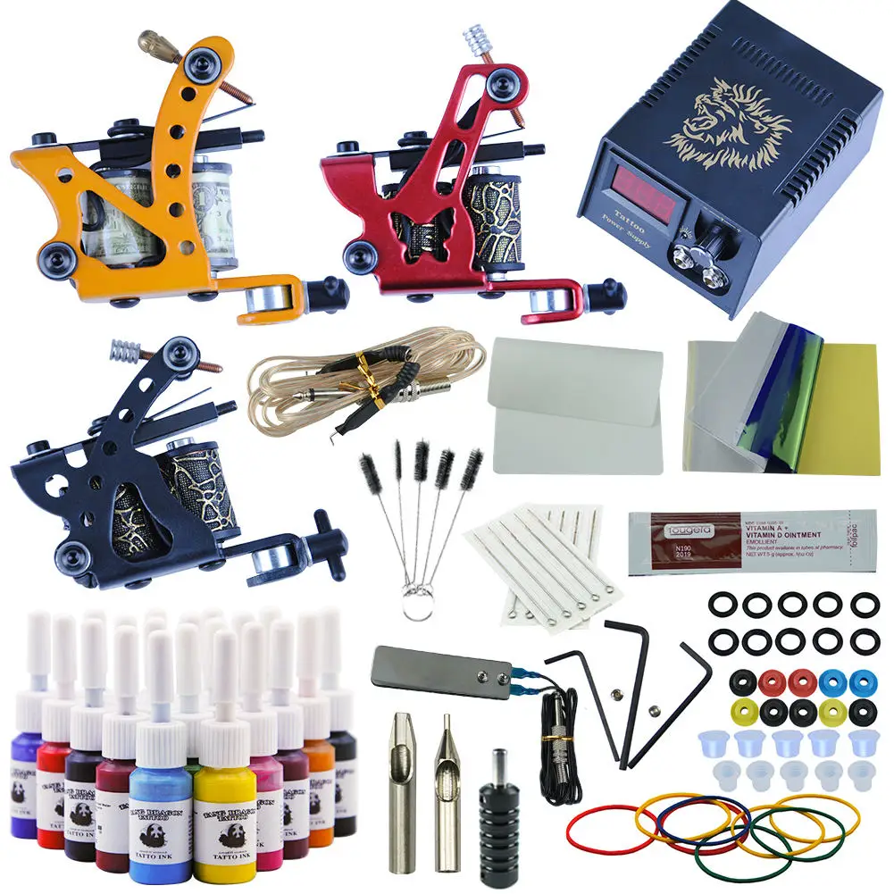 20pc ink kit Полный комплект машины для татуировки набор 2 катушки Пистолеты 6/14/20 Цвета черный наборы пигментов Мощность татуировки начинающие Грипсы Наборы Перманентный макияж - Цвет: 20pc ink kit