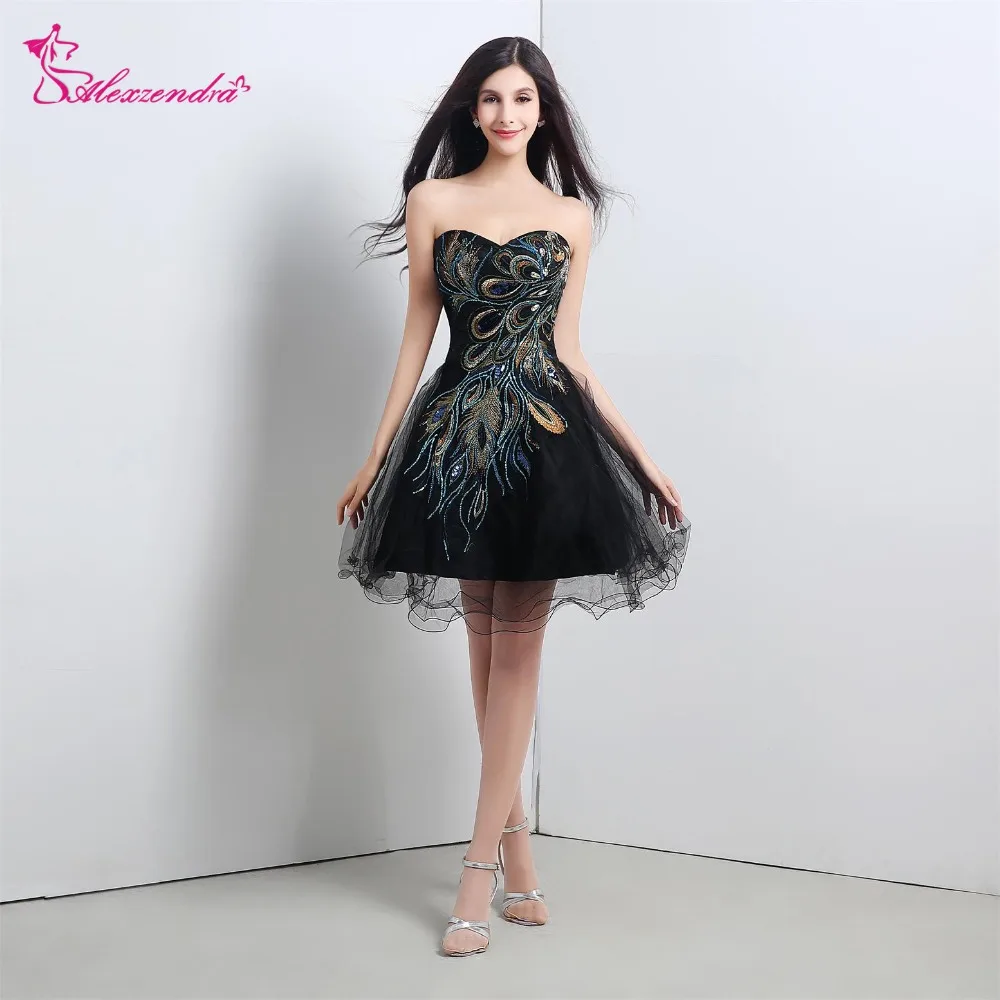 

Alexzendra Stock Dress Short Black Organza Cheap Prom Dresses with Pattern Sweetheart Knee Length Dress Party Dresses