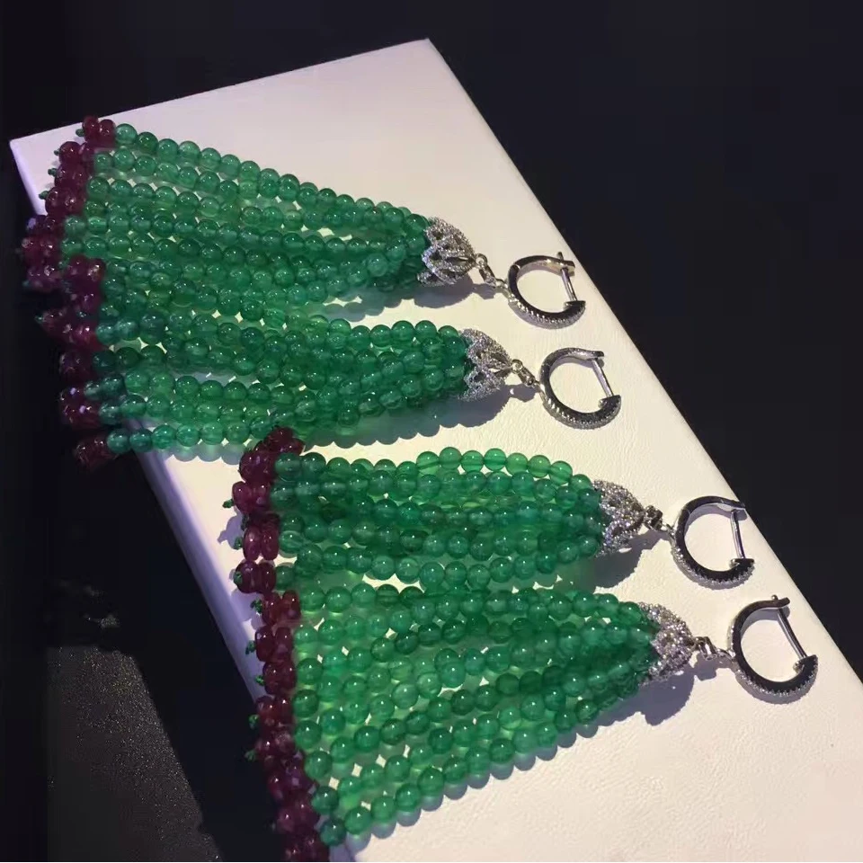 Серьги-подвески с кисточками Chrysoprase из стерлингового серебра S925 пробы блестящие