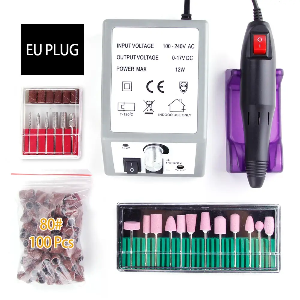 Grey EU PLUG 80 Профессиональный электрический аппарат для маникюра, педикюра, инструменты, 100 шт., шлифовальные ленты, 12 шт., кварцевые сверла для ногтей, инструменты для ногтей - Цвет: Grey EU PLUG 80