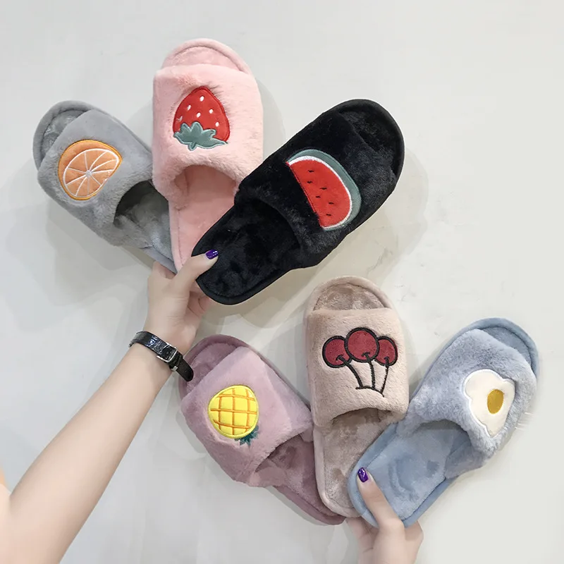 Шлепанцы женские домашние сланцы из лисьего меха плоская подошва фруктовый мех