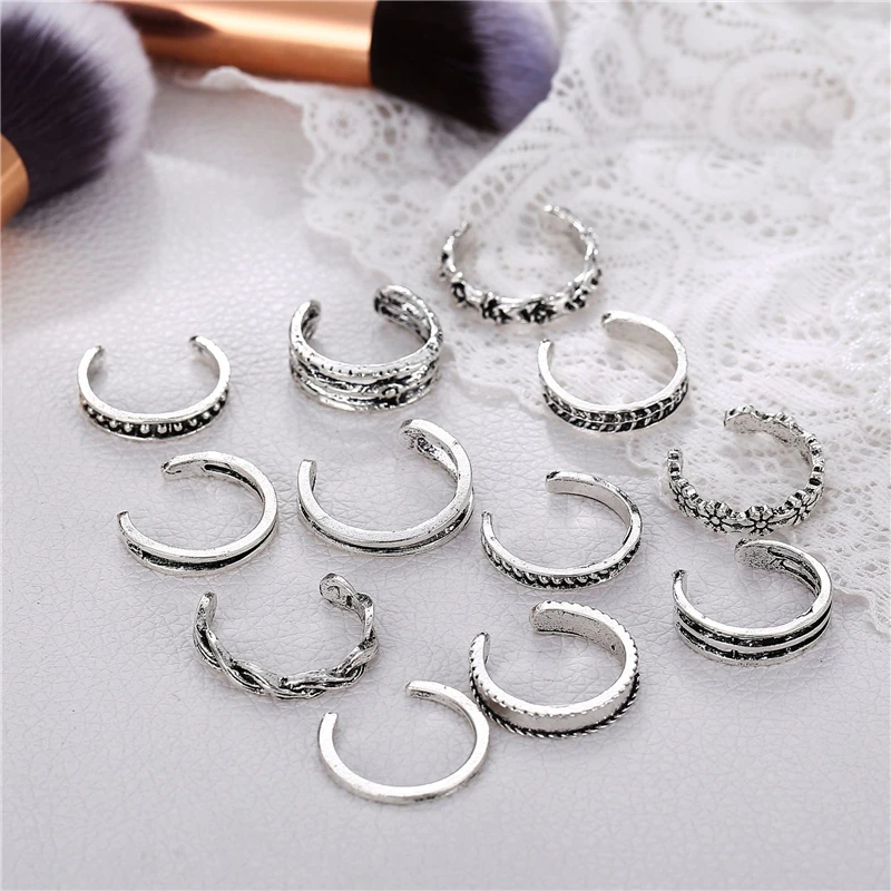 MILOYOU Vintage Toe Rings Set For Women 12 Pcs/Set Antique Silver Color Flower Foot Open Summer Beach Jewelry ML115 | Украшения и