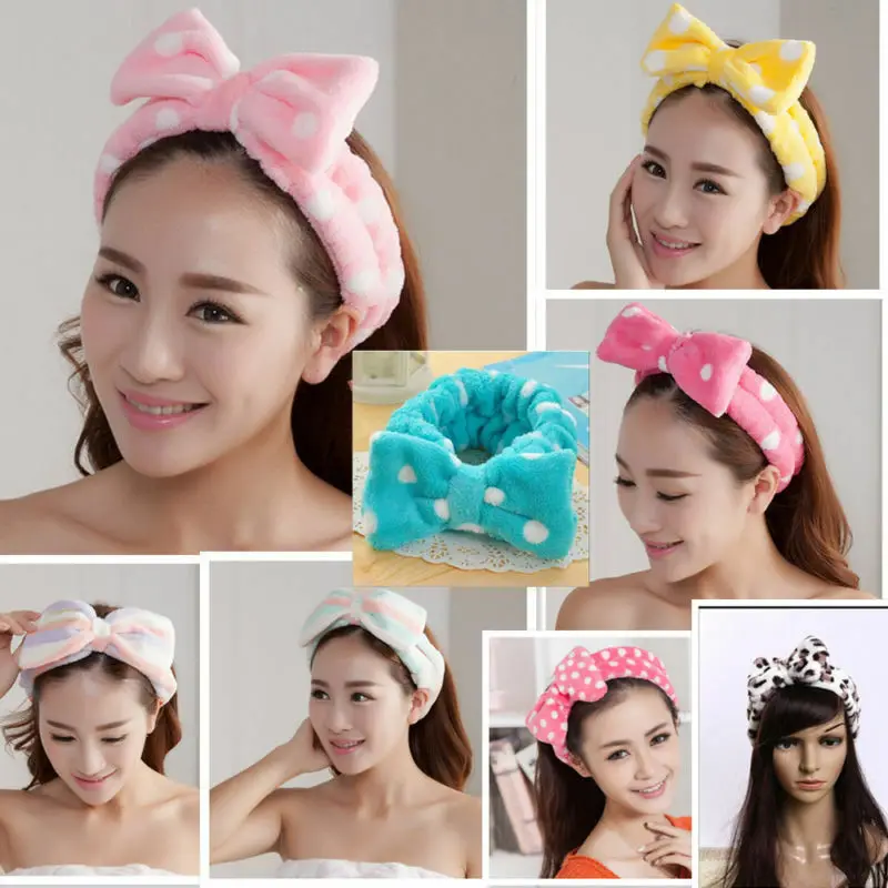 

Lovely Big Bow Dot Striped Soft Shower Hair Band Wrap Headband Bath Make Up US