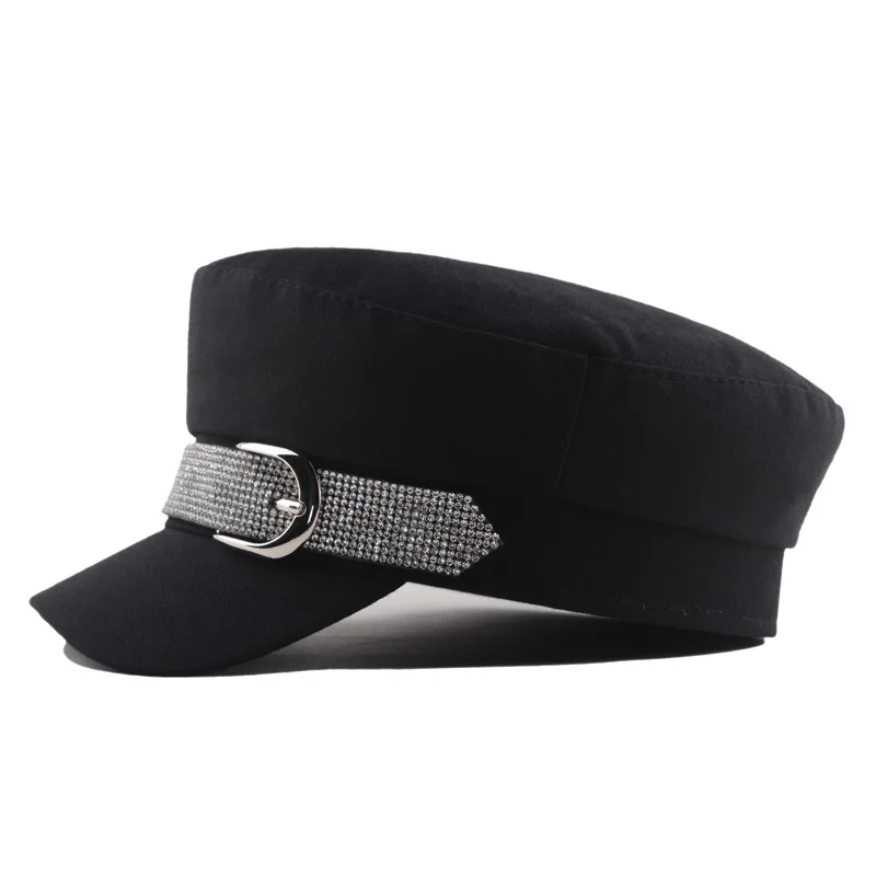 Women's Hat Flat Cap Military Cap Spring Autumn Super Flash Rhinestone Belt Buckle Flat Top Military Hats Fashion Berets Cap