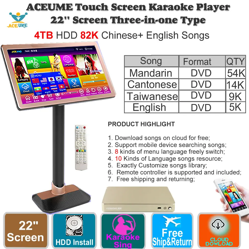 4TB HDD 87K Songs,Chinese,English Touch Screen Karaoke Player,22''Cloud download,Multi-Language Menu,Home KTV Sings
