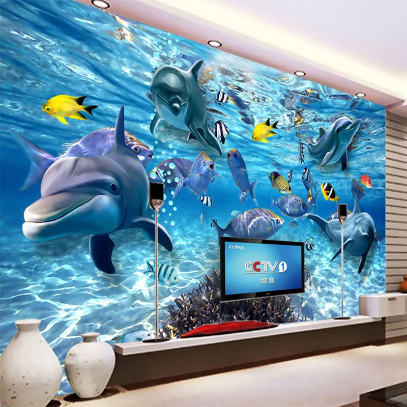 

3D Cartoon Mural Wallpaper HD Underwater World Dolphin Photo Wall Cloth Children Kid's Bedroom Background Wall Covering 3D Decor