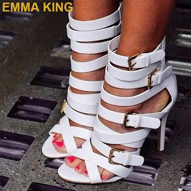 

Fashion Women White Leather Gladiator Sandals Summer Ankle Boots High Heels Peep Toe Roman Sandals Ladies Shoes Buckle Zipper