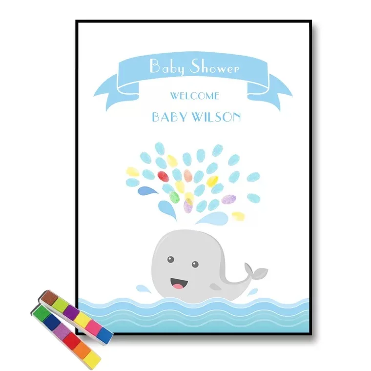 

Free Custom Name Date Whales swimming Fingerprint DIY Signature GuestBook For Baptism Birthday Party baby shower Decoration