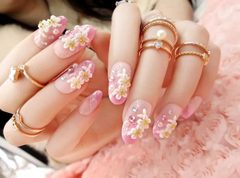 Горячая продажа 3D свадебные ногти длинный дизайн накладные стиль с цветком