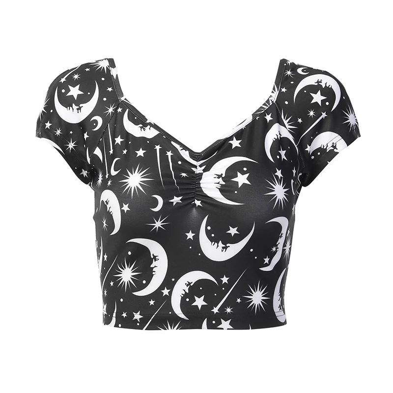 WannaThis Moon Stars Печатный укороченный Топ для женщин короткий рукав кроп Топы Черный готичный панк стиль Глубокий v-образный вырез Тонкий Повседневный сексуальный топ топы