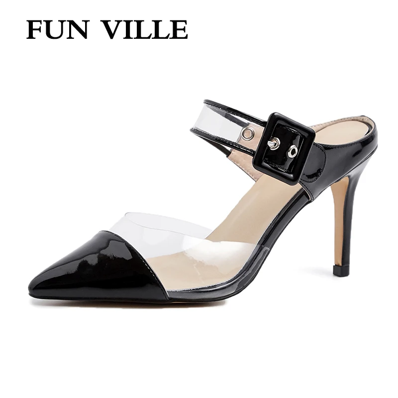 

FUN VILLE New Fashion transparent Summer Women Slippers Patent Leather High Heels Shoes sexy ladies shoes Outside Slippers