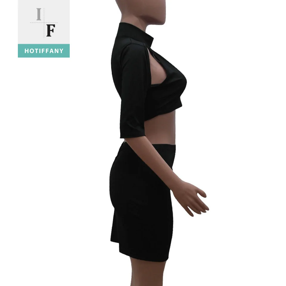 HOTIFFANY 2 Piece Set Women Skirt Suits 2018 Summer Black Sexy T Shirts Tops Femme Three Quarter Bodycon Solid Skirts Hollow Out | Женская