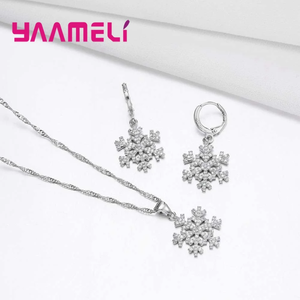 

YAAMEL Elegant Snowflake Women Female Party Jewelry 925 Sterling Silver Necklace Earrings Set Full Cubic Zirconia Wholesale