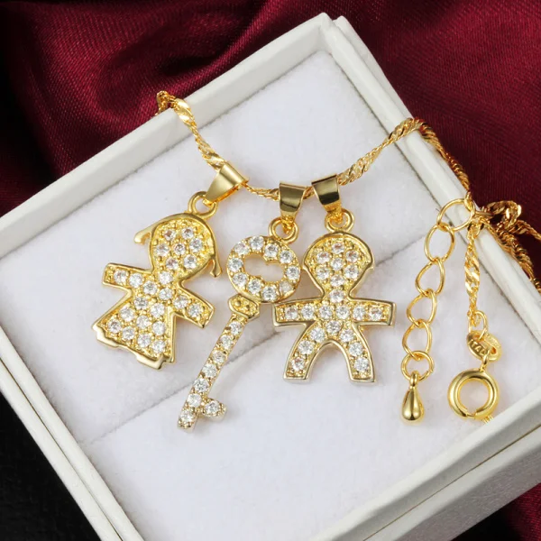 

Gold Boy and Girl Key Cable Chain Zircon Crystal Necklace Charm Pendant Chain Fashion Jewelry Women Favorite Good Gift