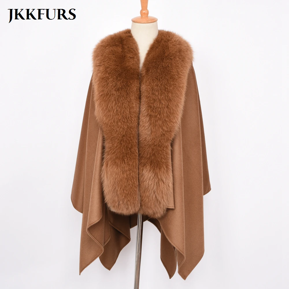 JKKFURS, новинка, женское пончо, натуральный Лисий мех, воротник, отделка и шерсть, накидка, модный стиль, высокое качество, зимнее теплое пальто S7357