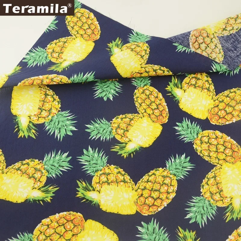 Хлопок Teramila Поплин Ткань Темно Синий принт ананасы дизайнерская салфетка