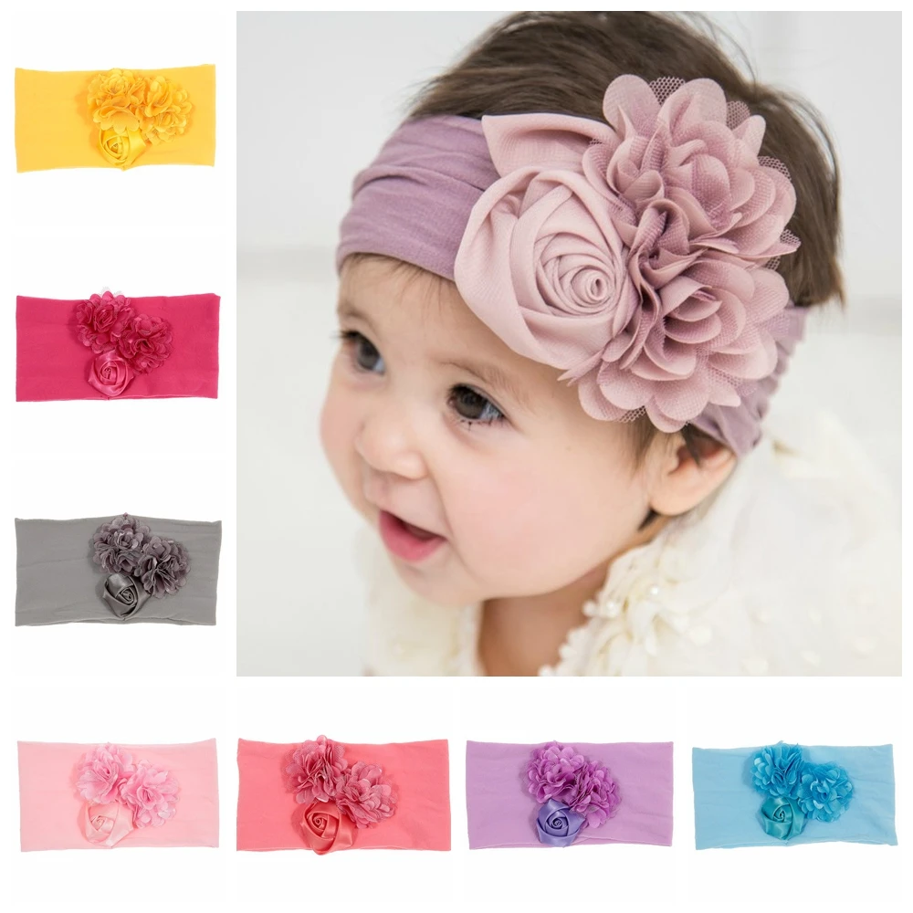 

Yundfly New Satin Rose Flower Baby Headband Newborn Knot Wide Nylon Headwraps Turban Girls Headwear Kids Photo Props