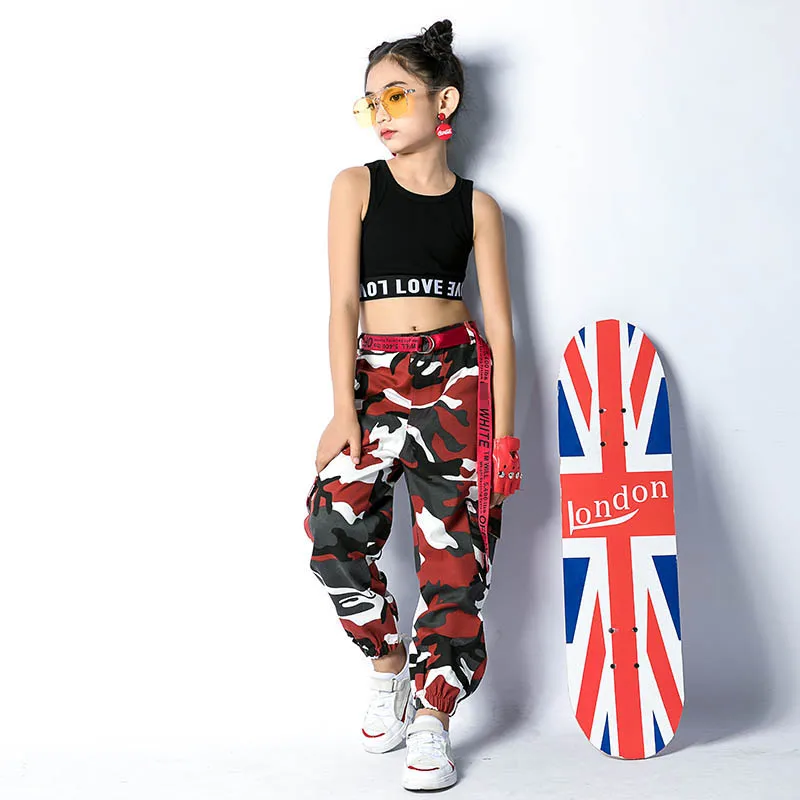 Костюмы для джазовых танцев черный жилет девочек красные камуфляжные брюки