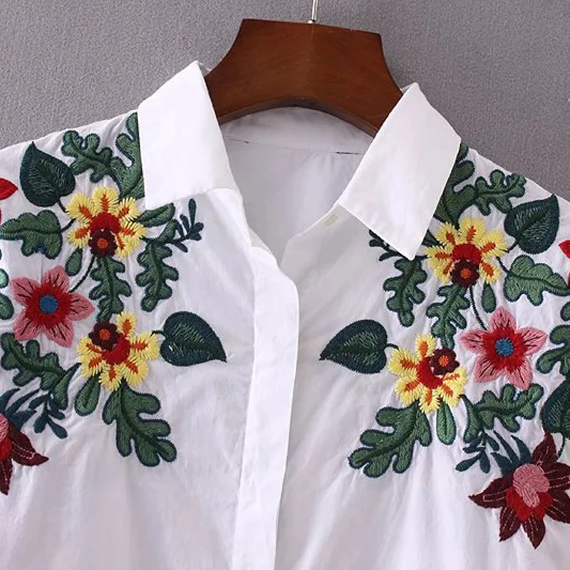 LERFEY Женская Цветочная блузка с вышивкой рубашка отложным воротником белые