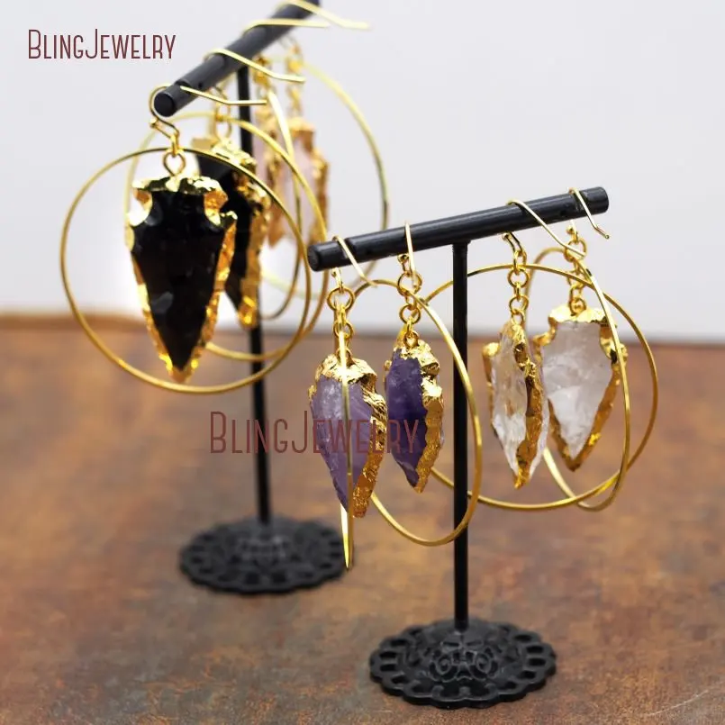 

Tribal Gypsy Gold Hoop Earrings Rose Quartzs Amethyst Black Onyxs Arrowhead Earrings ER8914