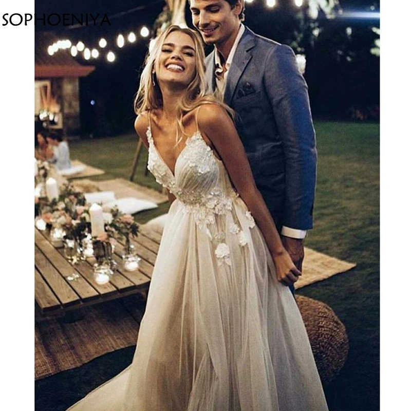 

Vestido de Noiva Wedding Dress 2021 Appliqued Lace Flowers Tulle A-Line Sexy Backless Beach Bride Dress Wedding Gowns