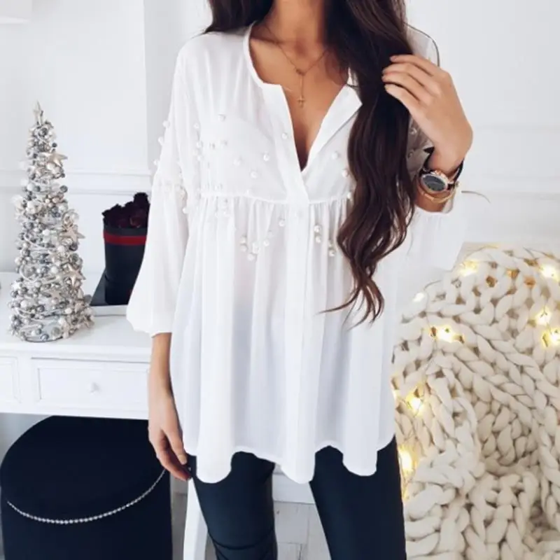 white blouses shirt pearl beading office lady casual woman spring of 2018 Spring Camis Blusas clothing WS6098k |