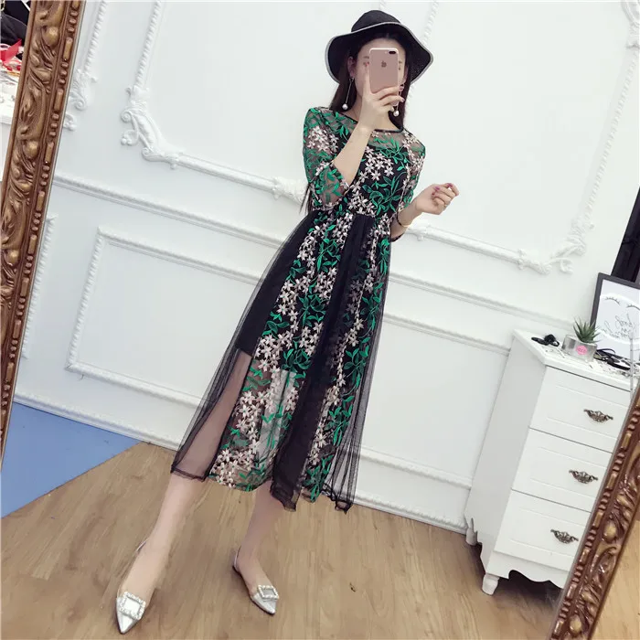 2017 Women Spring Summer Dress Embroidery Floral Mesh Dresses for Woman Female Perspective Costumes | Женская одежда
