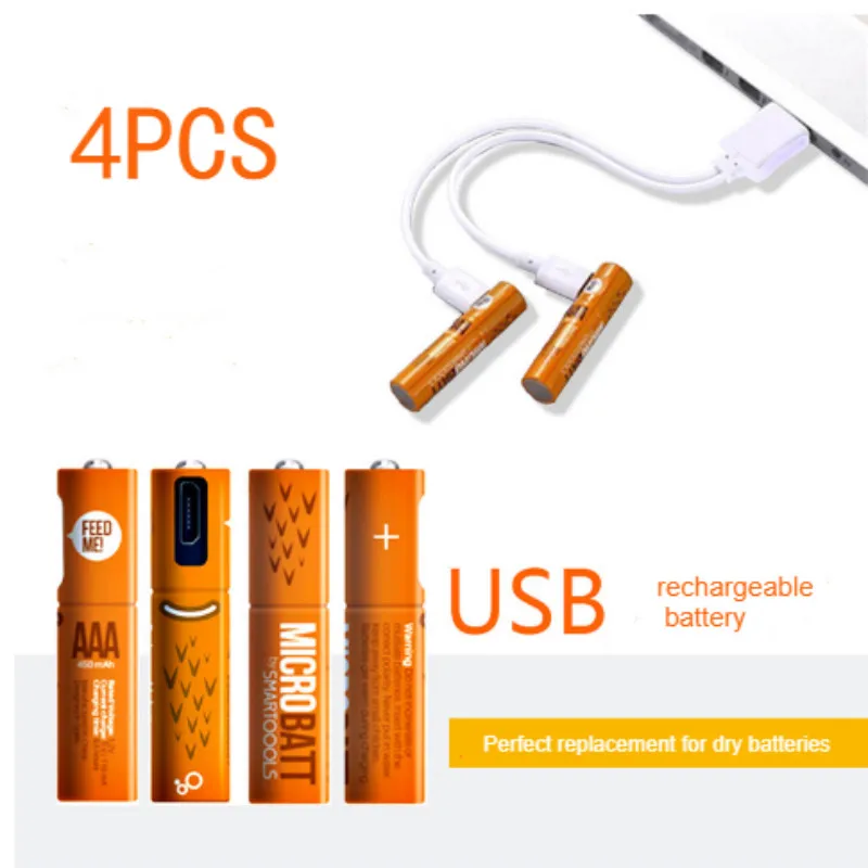 4 шт./лот 1 2 в AA/AAA аккумуляторная батарея 450 мАч 1000 Ni-MH Micro-USB аккумуляторы с 2-1