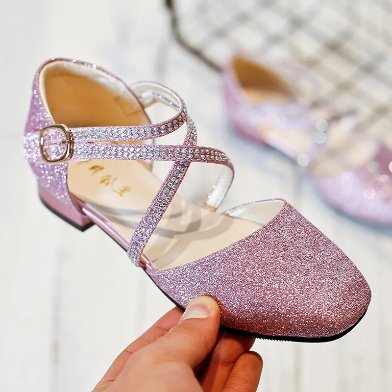 2019 кожаная обувь для девочек принцессы с блестками и пряжками вечерние туфли со