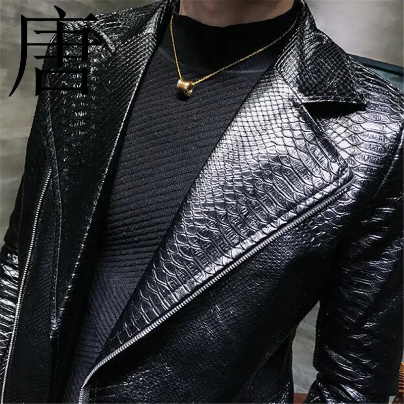 Tang cool новая брендовая Классическая кожаная куртка с крокодиловым принтом Мужская Черная модная дизайнерская куртка из искусственной кожи в стиле панк