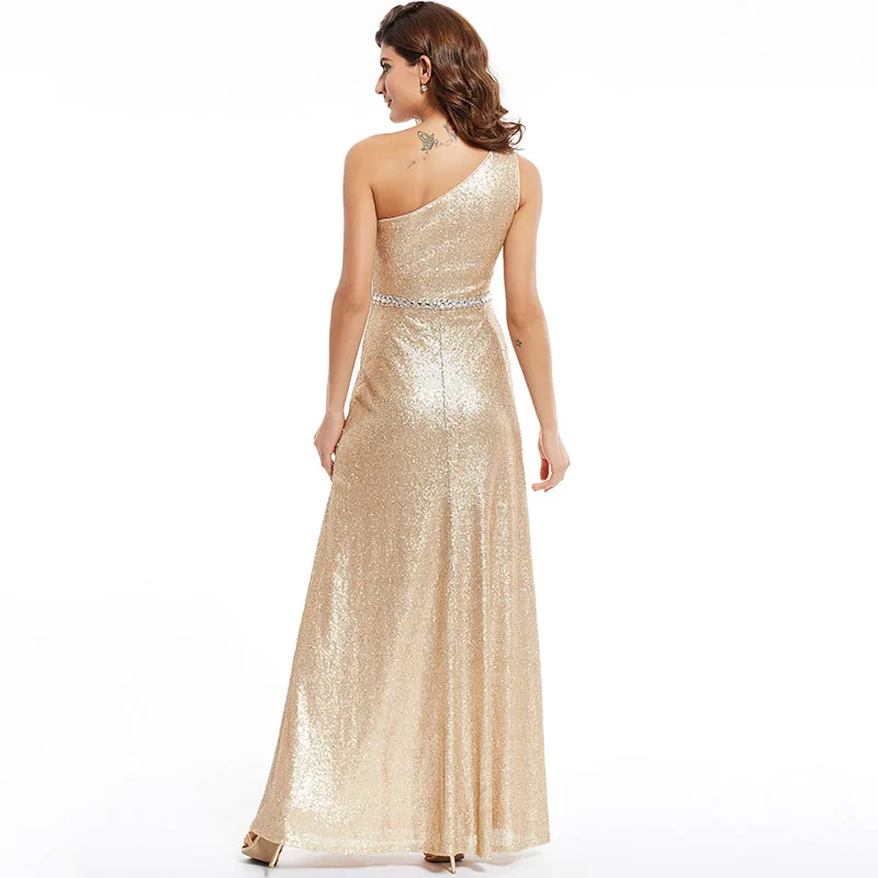 Вечернее платье с блестками Tanpell Золотое Платье на Одно Плечо в пол для