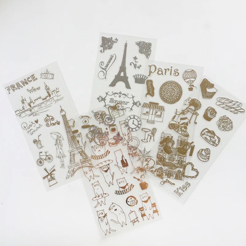 

6 Sheet Gold Bling Paris Meow Cats Angels Adhesive Stickers Computer Notebook Hand Account Decor