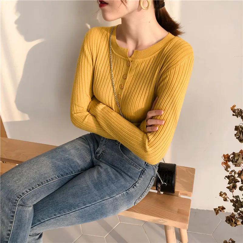 spring winter Slim fit long sleeve Wild pullovers knitted casual solid button o-neck Women's Clothing Korean style fashion brand | Женская
