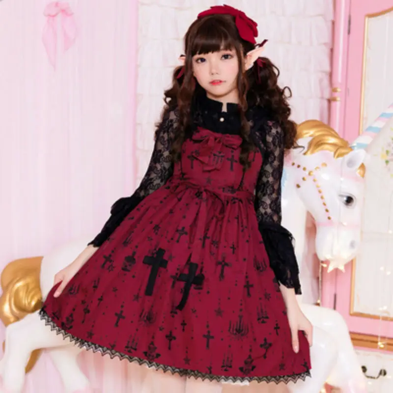 

Japanese Spring Summer Lolita Dress Dark Vintage JSK Dresses Strap Kawaiii Cross Print Soft Sister High Waist Dress Pre -order